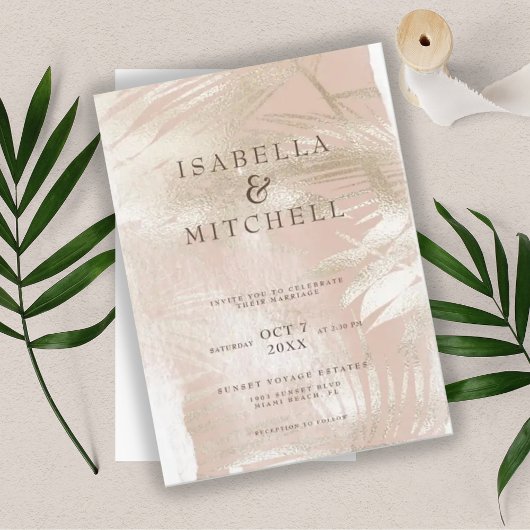 Moderne Dusty Rose und Gold Tropical Palm Wedding Einladung