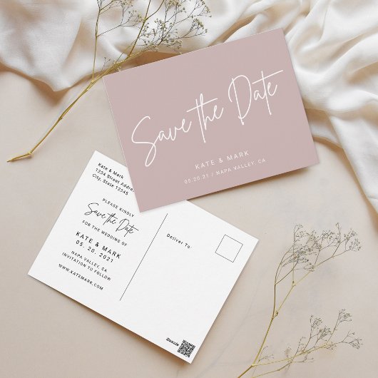 Moderne Dusty Rose Wedding Save the Date Postkarte