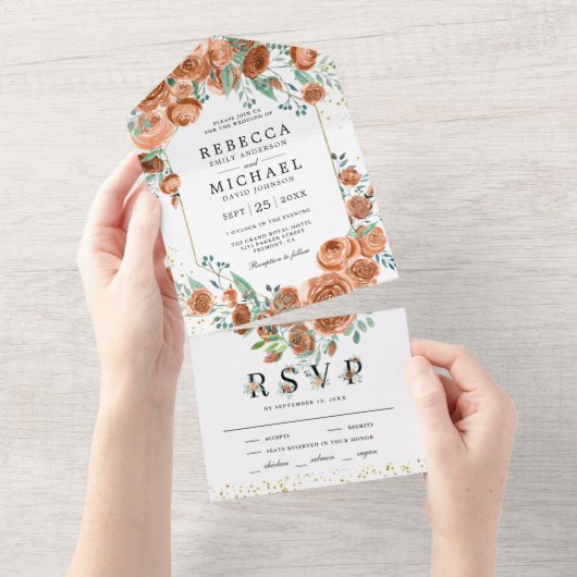 Moderne Earthy Burnt Orange Floral Wedding All In One Einladung (Abreißen)