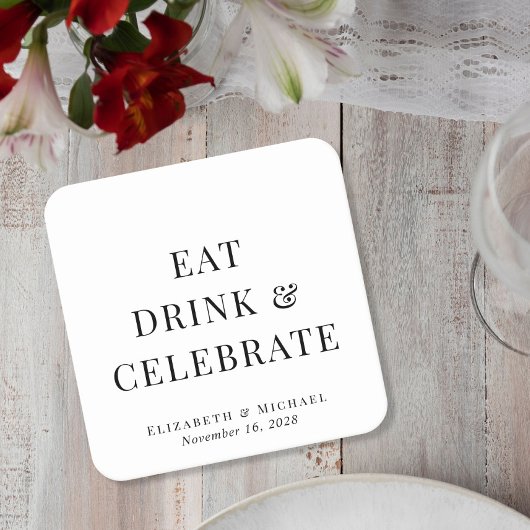 Moderne Eat Drink Celebrate Wedding Rechteckiger Pappuntersetzer