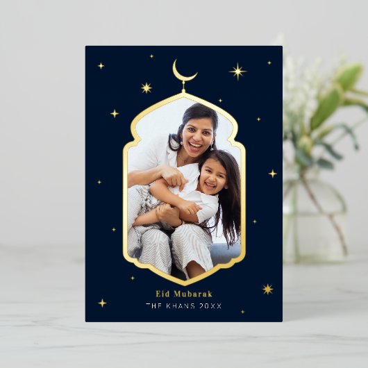 Moderne Eid Mubarak Holiday Foil Einladung (Stehend vorne)