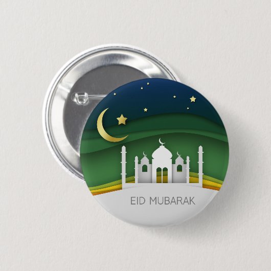 Moderne Eid Mubarak Paper Cut Moschee - Schaltfläc Button (Vorne & Hinten)
