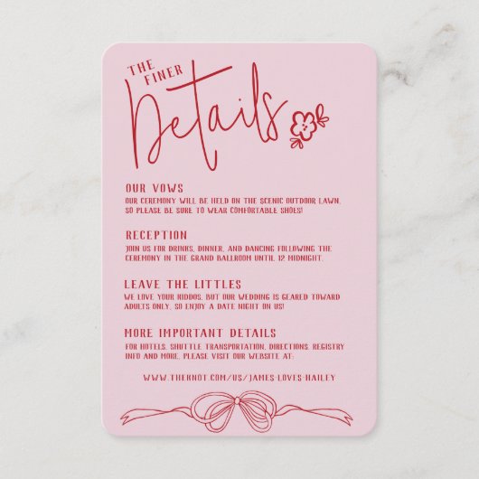 Moderne, eigenhändig gezeichnete Bow PINK Hochzeit Begleitkarte (Vorderseite)