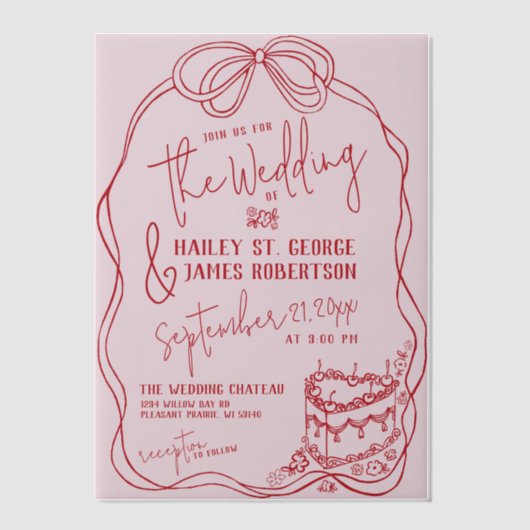 Moderne, eigenhändig gezeichnete Bow PINK Retro-Ho Pergament Einladungen (Vorderseite)