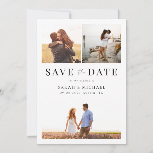 Moderne, einfache 3-Foto-Collage Hochzeit Save The Date (Vorderseite)