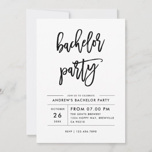 Moderne einfache Bachelor-Script-Party Einladung (Vorderseite)