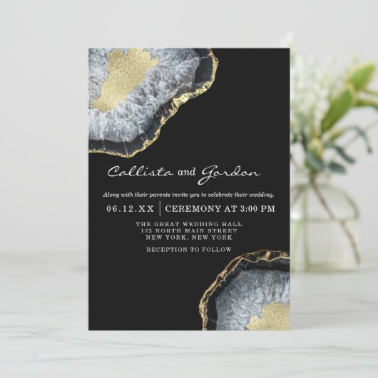 Moderne einfache Black Gold Agate Geode Wedding Einladung (Stehend Vorderseite)