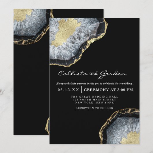 Moderne einfache Black Gold Agate Geode Wedding Einladung (Vorne/Hinten)