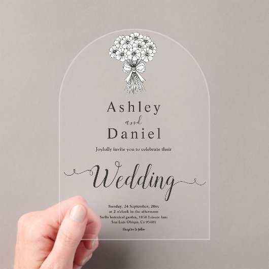 Moderne einfache Black & White Bridal Bouquet Wedd Acryleinladungen (Insitu (Handheld))