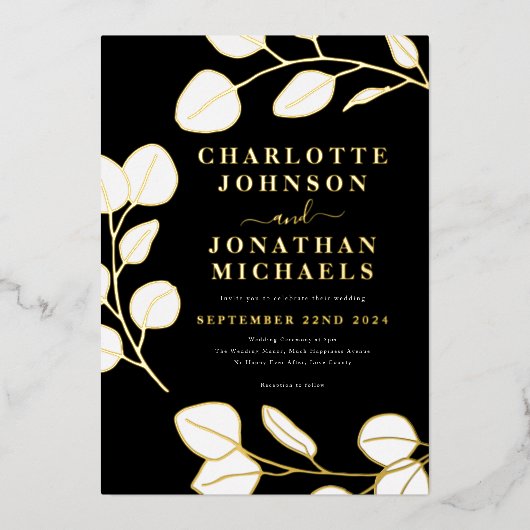 Moderne, einfache Blätter Schwarz-weiß Gold Folieneinladung (Vorderseite)
