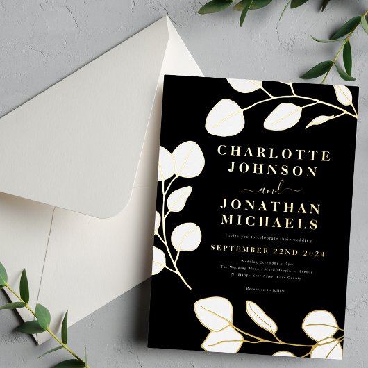 Moderne, einfache Blätter Schwarz-weiß Gold Folieneinladung