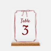 Moderne einfache Bow Wedding Maroon Tischnummer Acrylschild (Vorderseite)