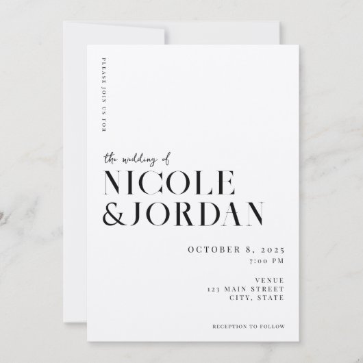 Moderne einfache Chic Black und Ecru Wedding Einladung (Vorderseite)