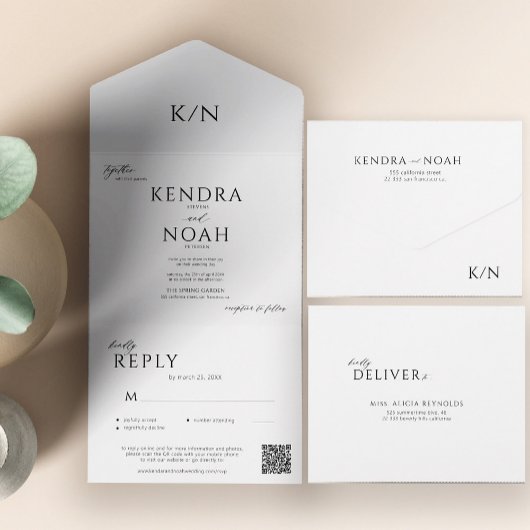 Moderne, einfache, elegante Monogramm qr-Code Hoch All In One Einladung