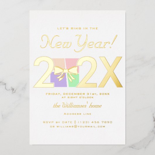 Moderne, einfache Elegante Silvesterbow-Geschenkbo Folieneinladung (Vorderseite)