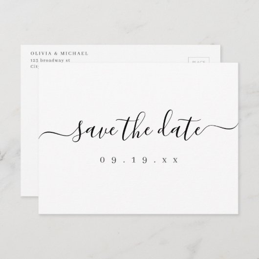 Moderne, einfache, elegante Skripthochzeit speiche Ankündigungspostkarte (Vorne/Hinten)
