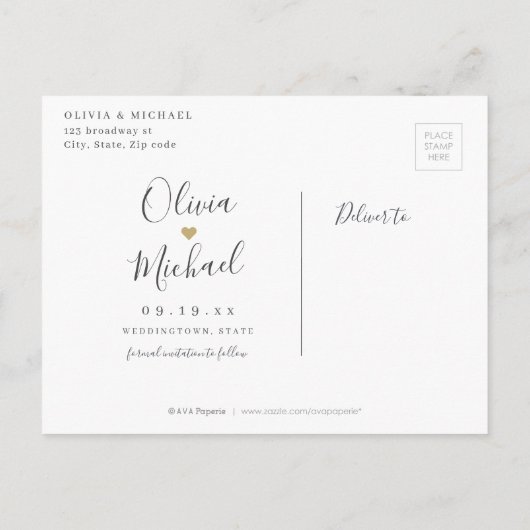 Moderne, einfache, elegante Skripthochzeit speiche Ankündigungspostkarte (Rückseite)