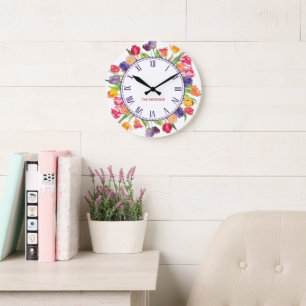 Moderne, einfache Familie Name Watercolor Floral Große Wanduhr