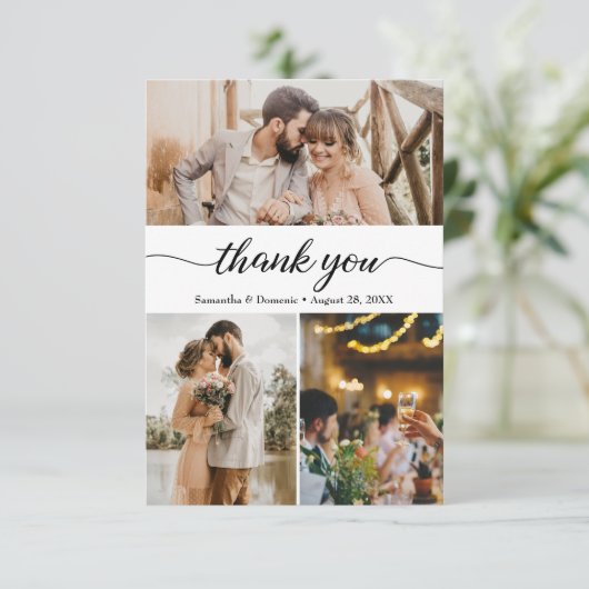 Moderne einfache Foto Collage Script Hochzeit Dankeskarte (Stehend Vorderseite)