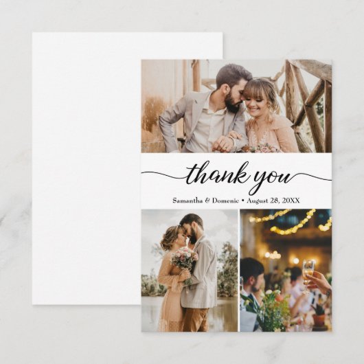Moderne einfache Foto Collage Script Hochzeit Dankeskarte (Vorne/Hinten)
