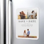 Moderne, einfache Foto-Collage Wedding speichern d Magnet<br><div class="desc">Erstellen Sie Ihre eigene Hochzeit speichern Sie die Datums Magnete mit 3 Ihrer Lieblings-Fotos. Modernes typografisches Design mit einfacher 3-Foto-Collage.</div>