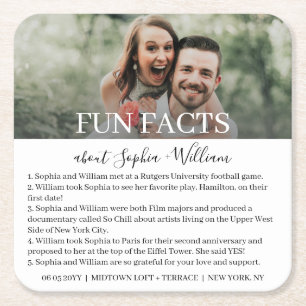 Moderne einfache Foto-Fun-Facts-Hochzeit quadratis Rechteckiger Pappuntersetzer