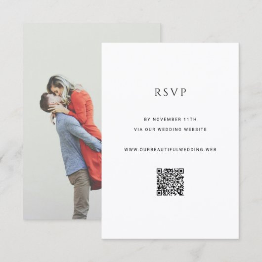 Moderne einfache Foto-QR-Code-Hochzeit RSVP Karte (Vorne/Hinten)