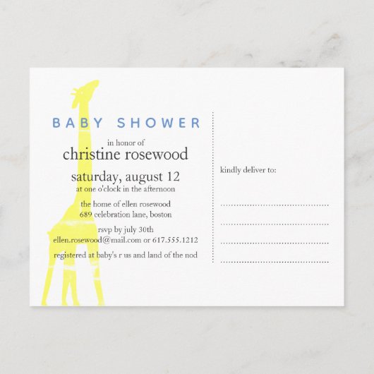 Moderne, einfache Giraffe Kinderdusche Einladungspostkarte (Rückseite)