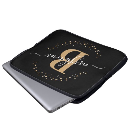Moderne einfache Girl Black Monogram Script Laptopschutzhülle (Vorne Knopf)