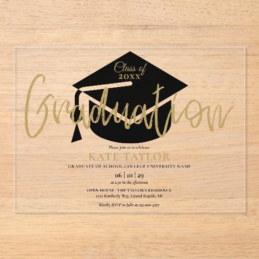 Moderne, einfache Gold-Script-Graduierungspartei Acryleinladungen (Vorderseite)