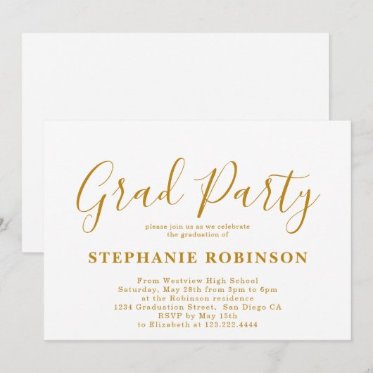 Moderne, einfache Gold-Script-Graduierungspartei Einladung (Vorne/Hinten)