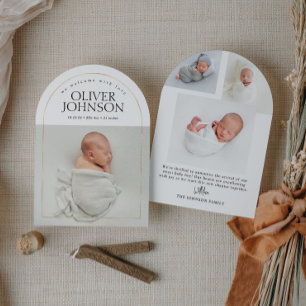 Moderne einfache goldene Torbogen-Baby-Foto-Geburt Einladung