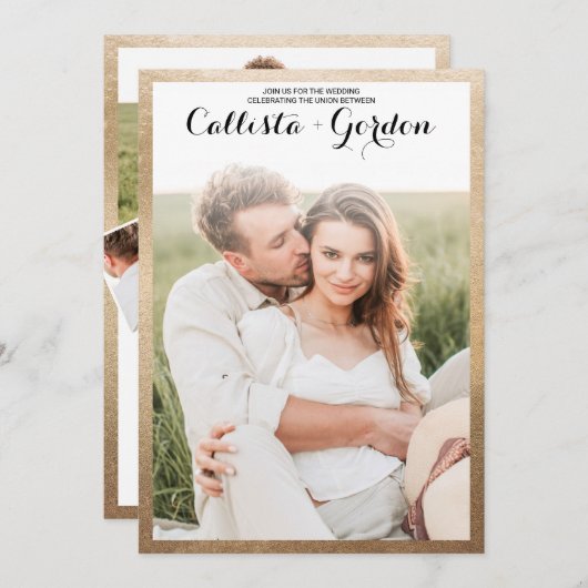 Moderne einfache Goldgrenzenfotografie-Hochzeit Einladung (Vorne/Hinten)