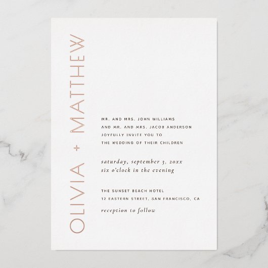 Moderne, einfache Goldtypografie-Hochzeit Folieneinladung (Vorderseite)