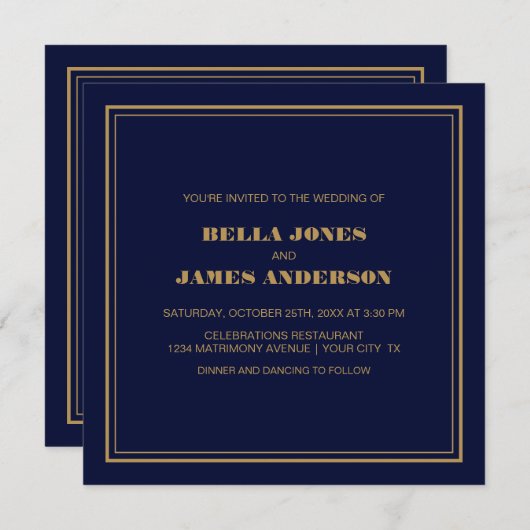 Moderne einfache Hochzeit der Navy Blue Gold Einladung (Vorne/Hinten)