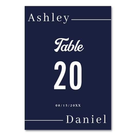 Moderne einfache Hochzeit der Navy Tischnummer (Vorderseite)