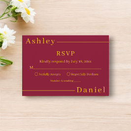 Moderne, einfache Hochzeit in Burgund und Gold RSVP Karte