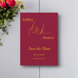 Moderne, einfache Hochzeit in Burgund und Gold Save The Date