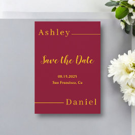 Moderne, einfache Hochzeit in Burgund und Gold Save The Date