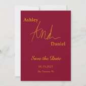 Moderne, einfache Hochzeit in Burgund und Gold Save The Date (Vorderseite)
