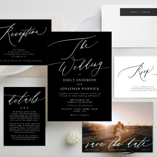 Moderne, einfache Hochzeit in Weiß und Schwarz Einladung