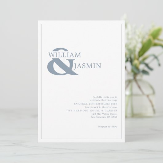 Moderne einfache Hochzeit mit blauer Grenze Einladung (Stehend Vorderseite)