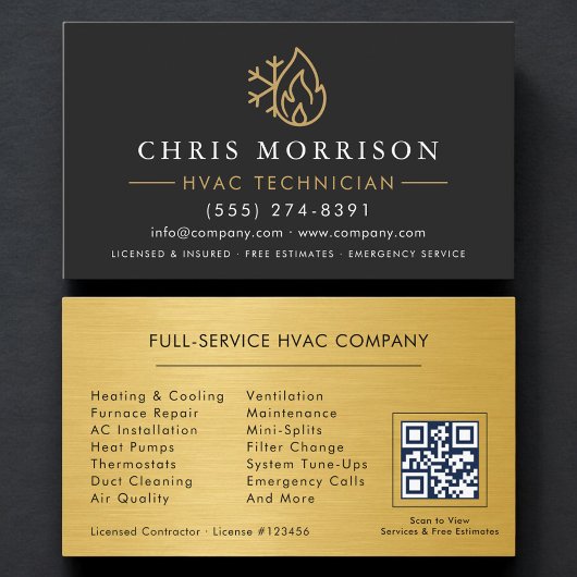 Moderne einfache HVAC-QR-Code Schwarz Gold Visitenkarte