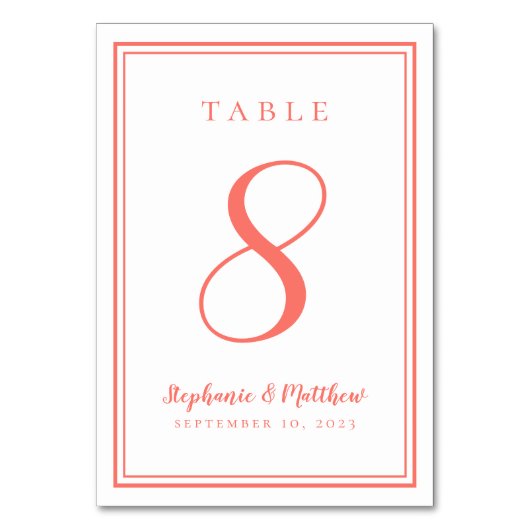Moderne einfache Korallenweiße Hochzeit individuel Tischnummer (Vorderseite)