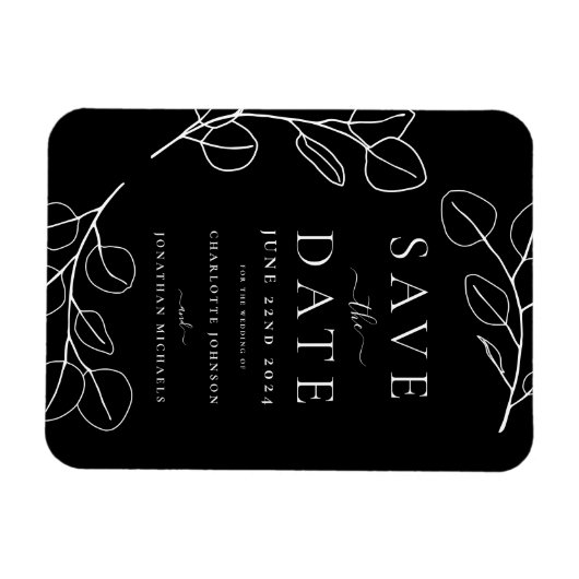 Moderne einfache Leaf Black Wedding retten das Dat Magnet (Horizontal)