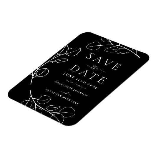 Moderne einfache Leaf Black Wedding retten das Dat Magnet (Linke Seite)