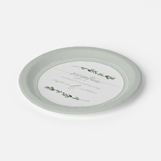 Moderne, einfache Leaf-Foliage-Hochzeitsempfehlung Pappteller (Schrägansicht)