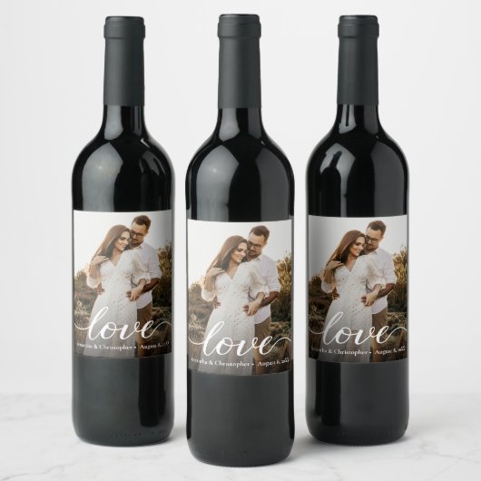 Moderne einfache Liebe Script Wedding Foto Gefalle Weinetikett (Flaschen)