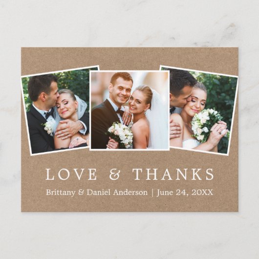 Moderne einfache Liebes-Dank-Hochzeit 3 Foto Kraft Postkarte (Vorderseite)