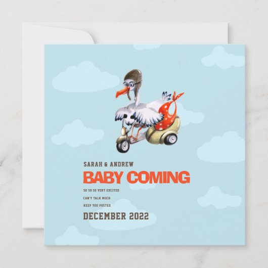 Moderne, einfache, lustige Storchgeschlechtsneutra Ankündigung (Vorderseite)